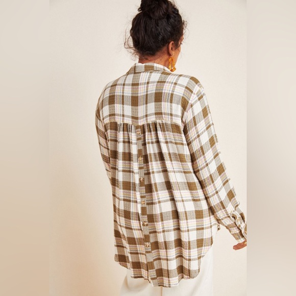 Anthropologie Isadora Button Back Tunic Top in Brown Plaid Medium - Picture 13 of 13